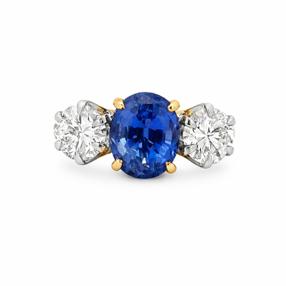 Three-Stone Sapphire and Diamond Ring – 14K Yellow Gold Beaded Edge Band