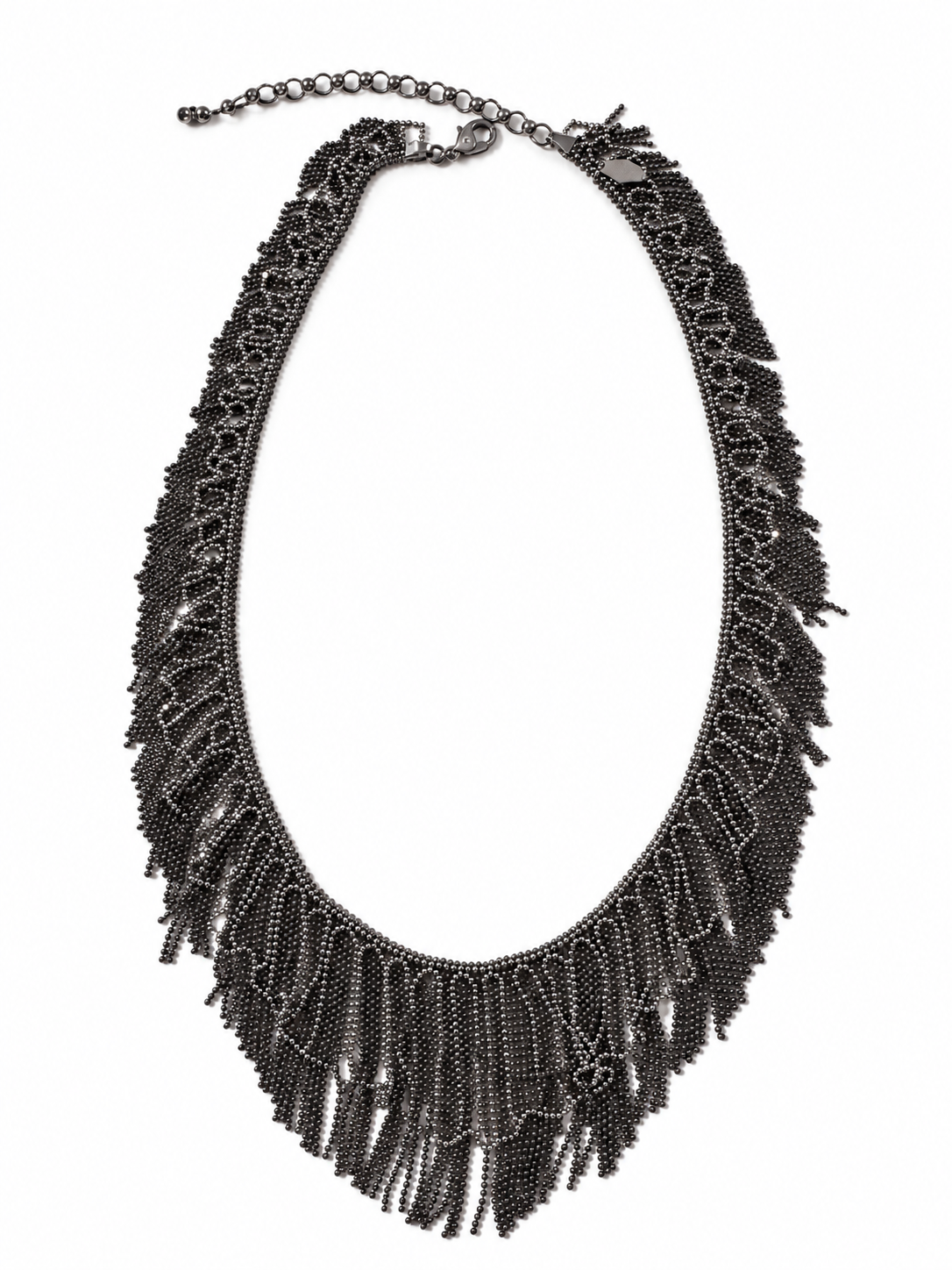 Platinum Graduated Lace-Like Fringe Necklace with Bright and Dark Patinated Details