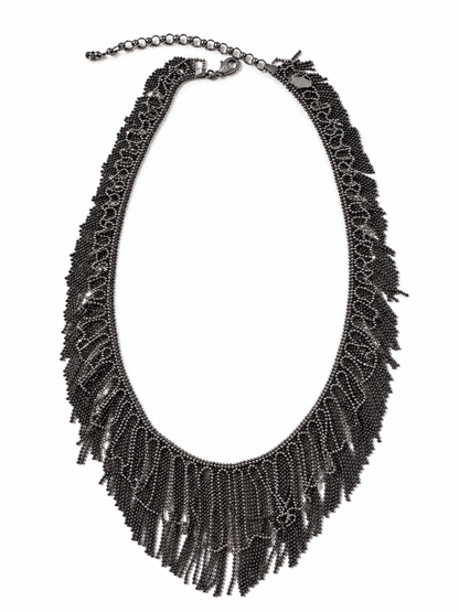 Platinum Graduated Lace-Like Fringe Necklace with Bright and Dark Patinated Details