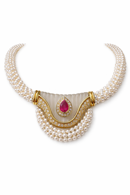 Vintage Pearl Necklace with Ruby & Diamonds 18K Pendant