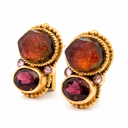 Stephen Dweck 18K Rose Gold Carved Tourmaline & Garnet Earrings