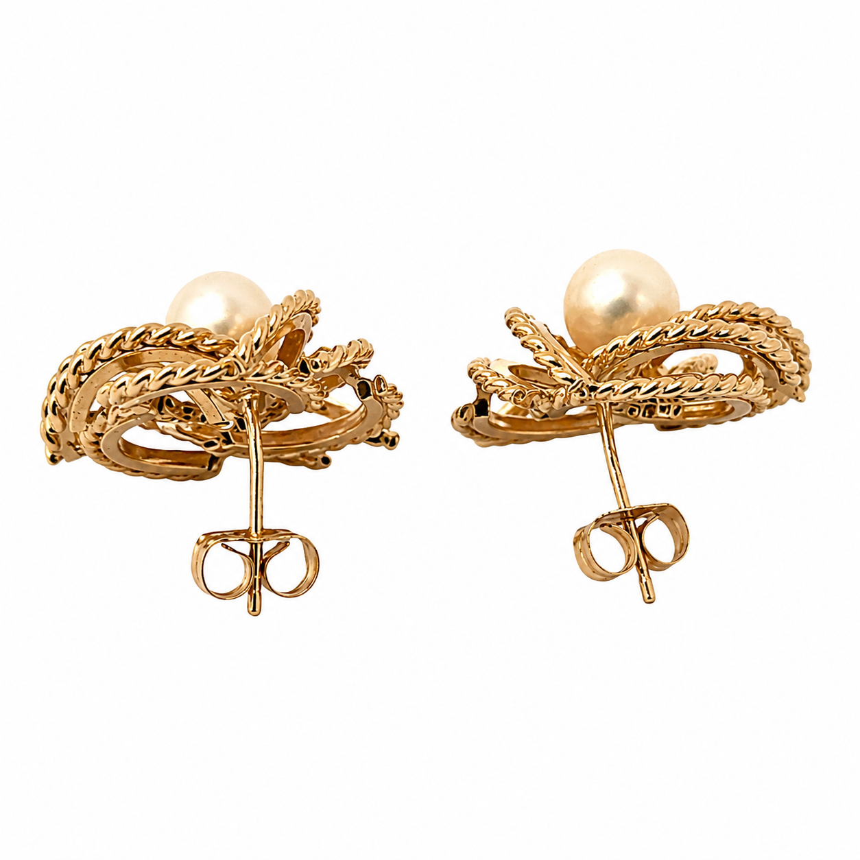 14K Yellow Gold Cultured Pearl Swirl Earrings | Textured Rope Motif