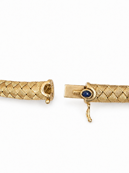Italian 18K Yellow Gold Braided Necklace with Sapphire Clasp