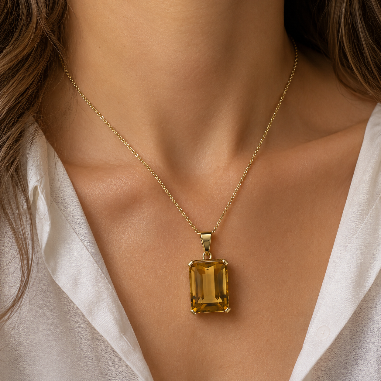 14K Yellow Gold Emerald-Cut Citrine Pendant
