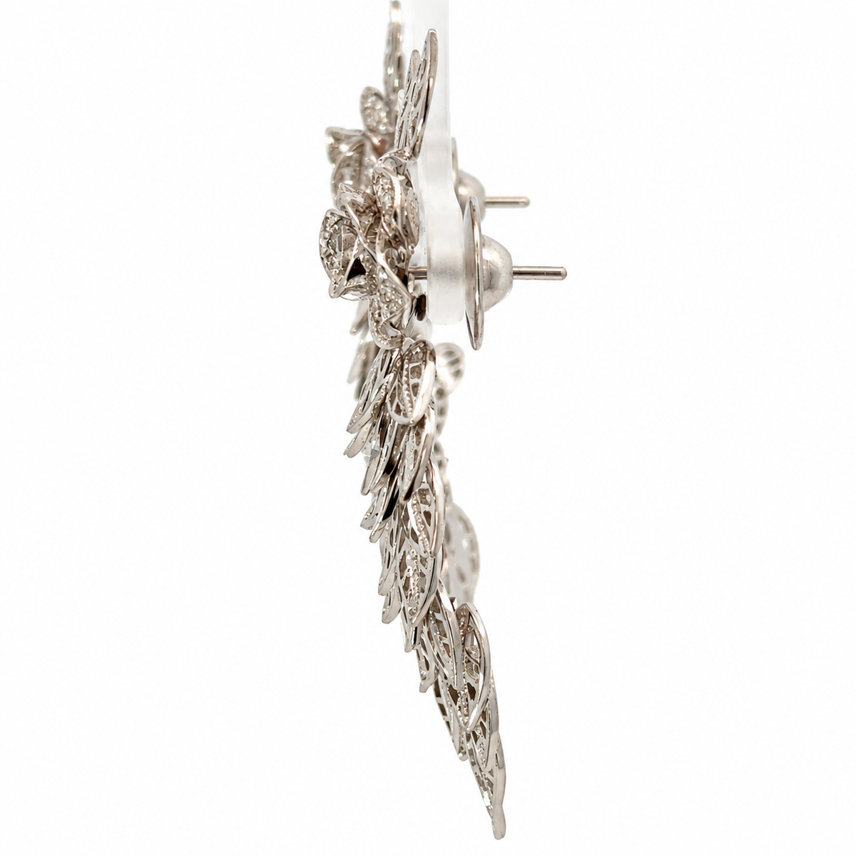 18K White Gold Diamond Rose & Cascading Foliage Earrings