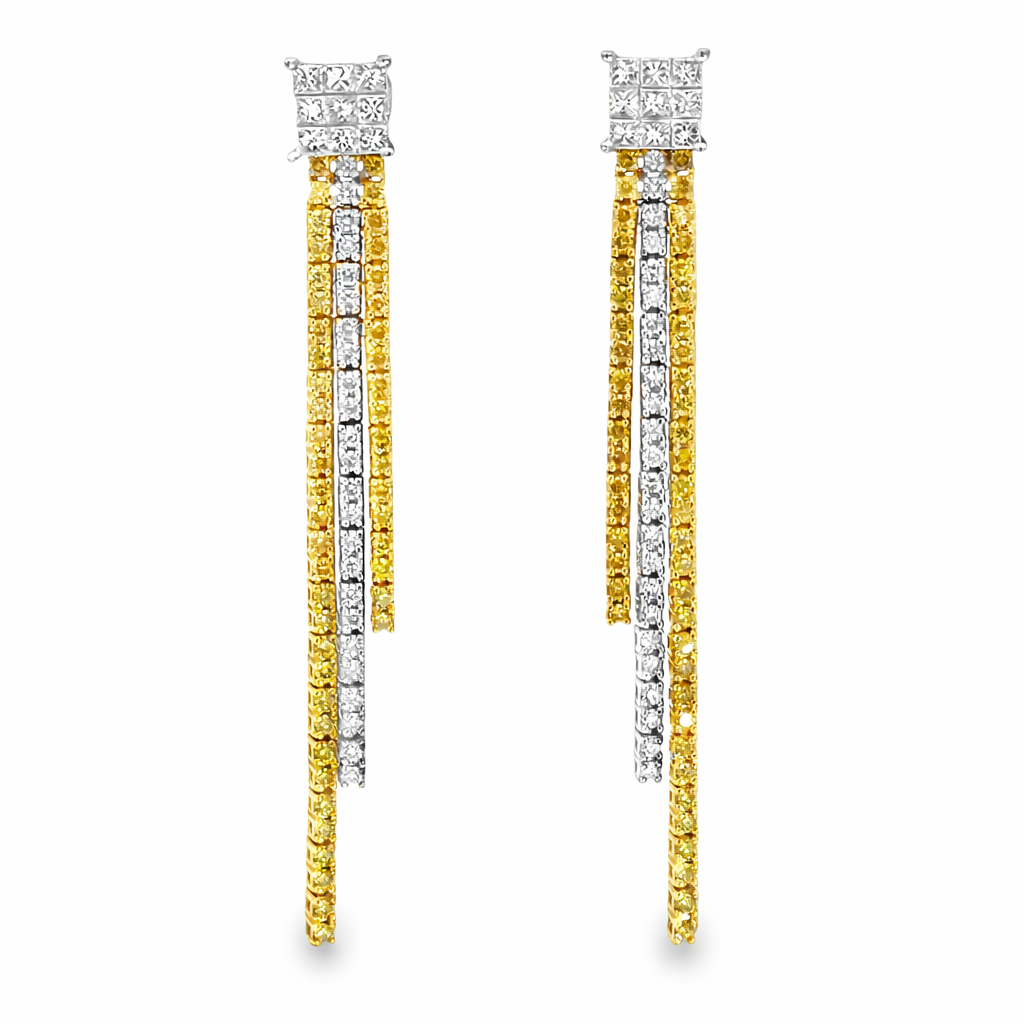 14K White Gold White & Yellow Diamond Long Drop Fringe Earrings