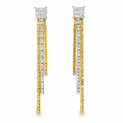 14K White Gold White & Yellow Diamond Long Drop Fringe Earrings