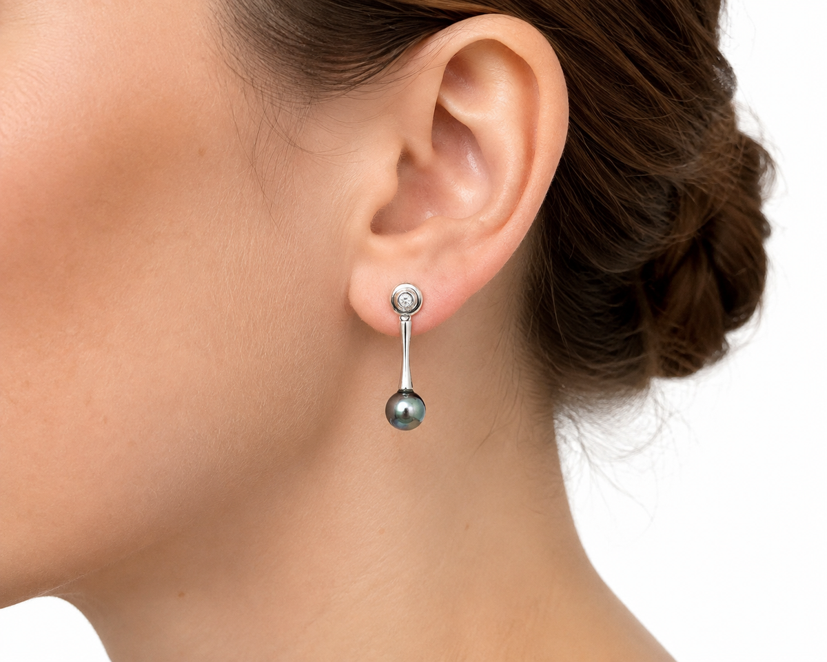 Modern 14K White Gold Black Pearl & Diamond Drop Earrings