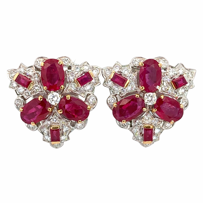 18K White Gold Ruby & Diamond Floral Stud Earrings, Screw-Back