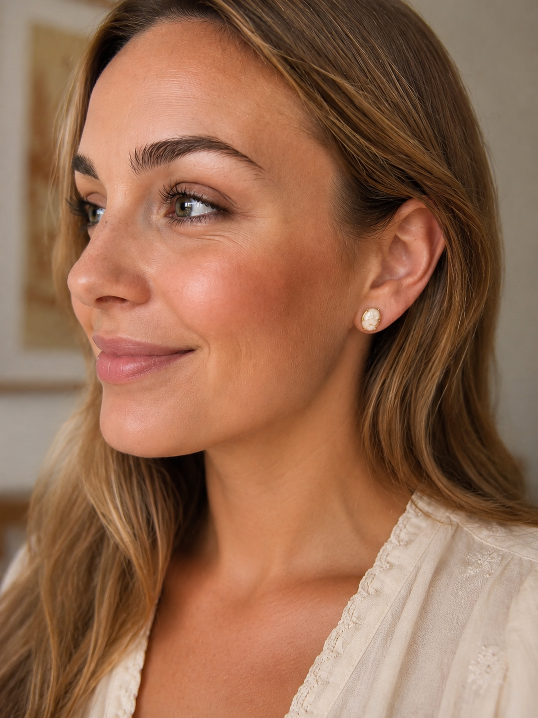 Petite Cameo Shell Earrings in Yellow Gold