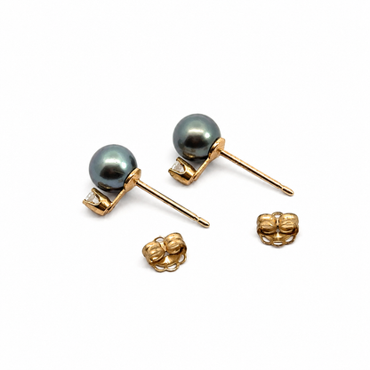 14K Yellow Gold Black Pearl & Diamond Accent Earrings