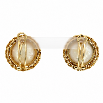 Vintage 14K Yellow Gold Mabé Pearl Ring and Earring Set with Braided Gold Surround