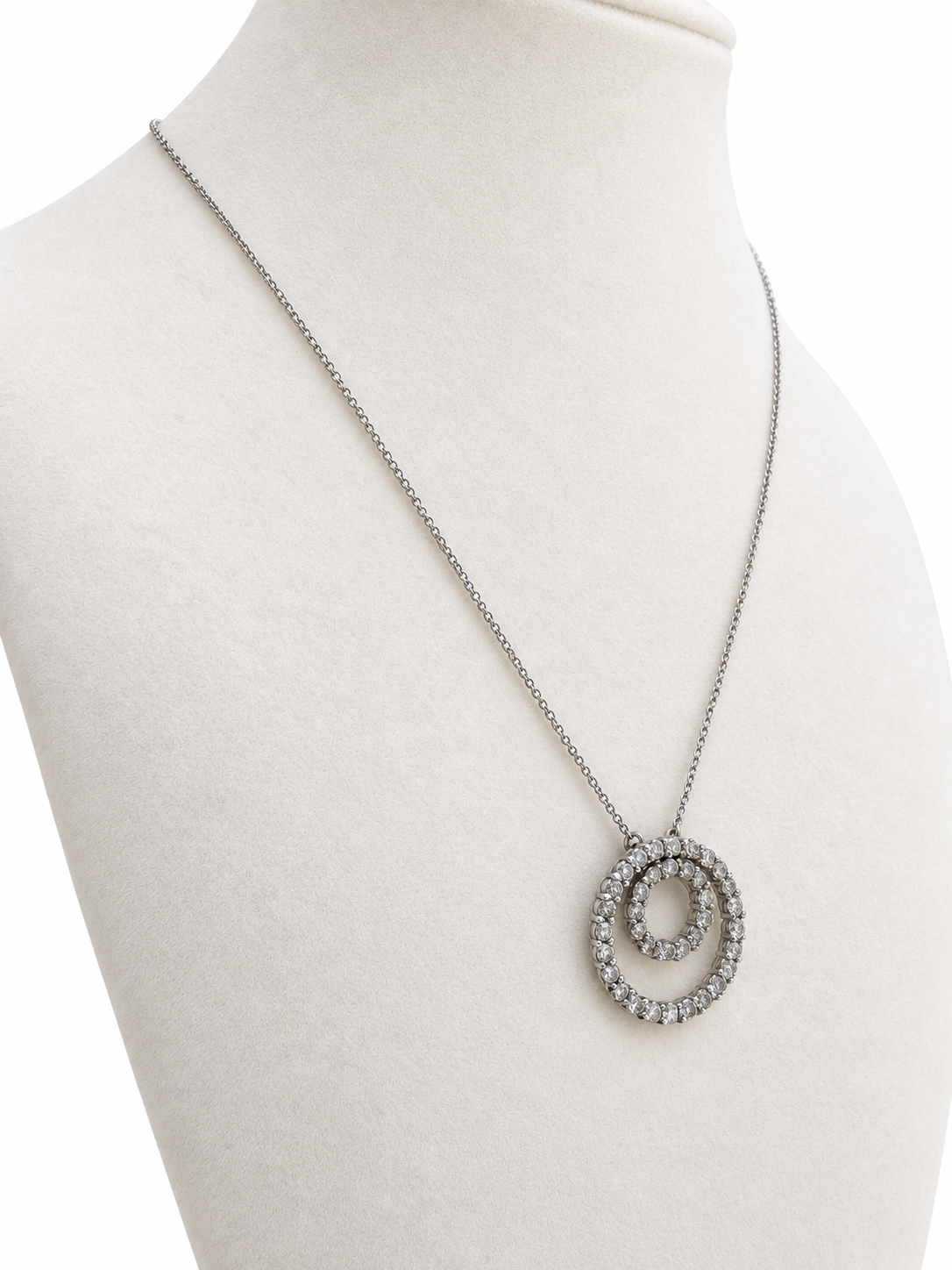 14K White Gold Diamond Double Circle Pendant Necklace, 16.5 Inches