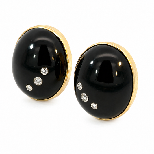18K Yellow Gold Onyx & Diamond Button Earrings