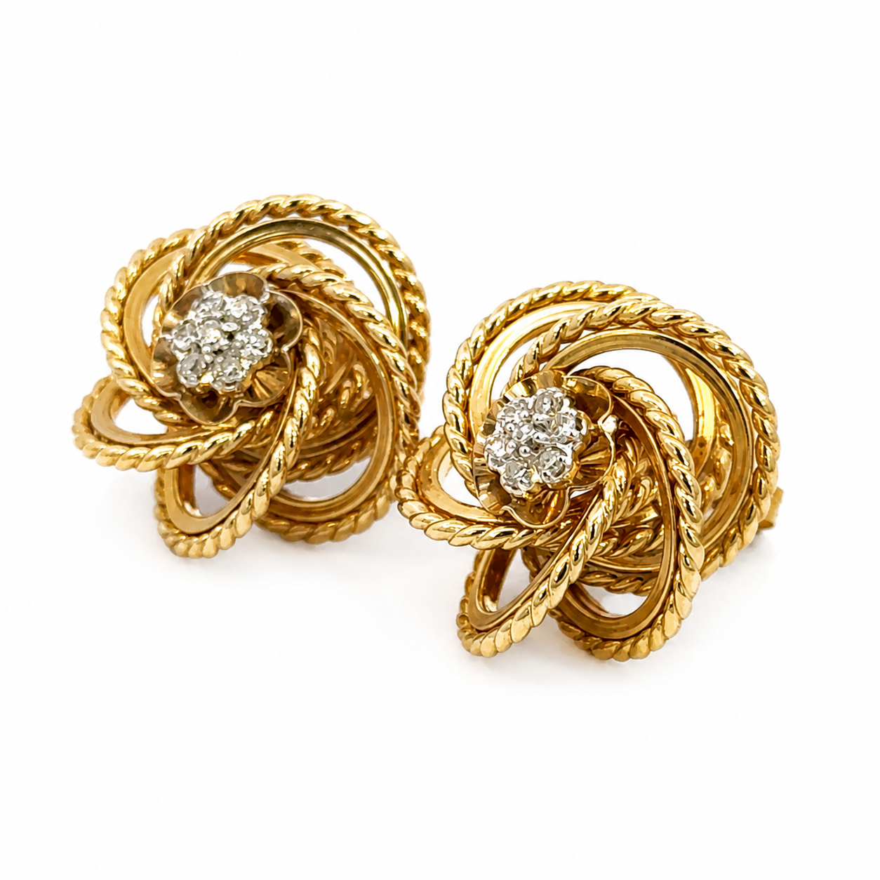 Vintage 14K Yellow Gold Diamond Spiral Flower Earrings