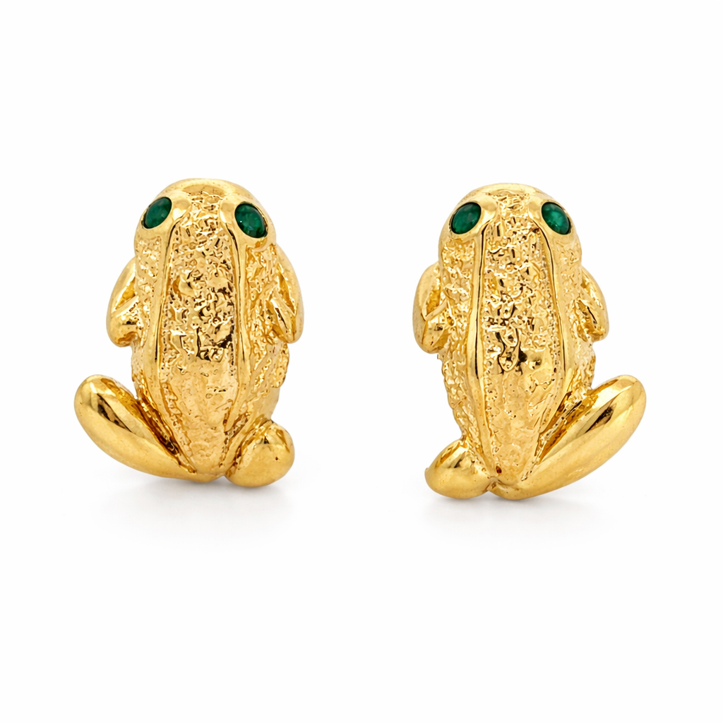 14K Yellow Gold Frog Hoop Earrings with Emerald Eyes