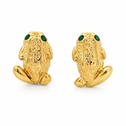 14K Yellow Gold Frog Hoop Earrings with Emerald Eyes