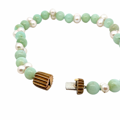 C.W. Vintage Jade, Pearl & 18K Yellow Gold Necklace and Earrings Set