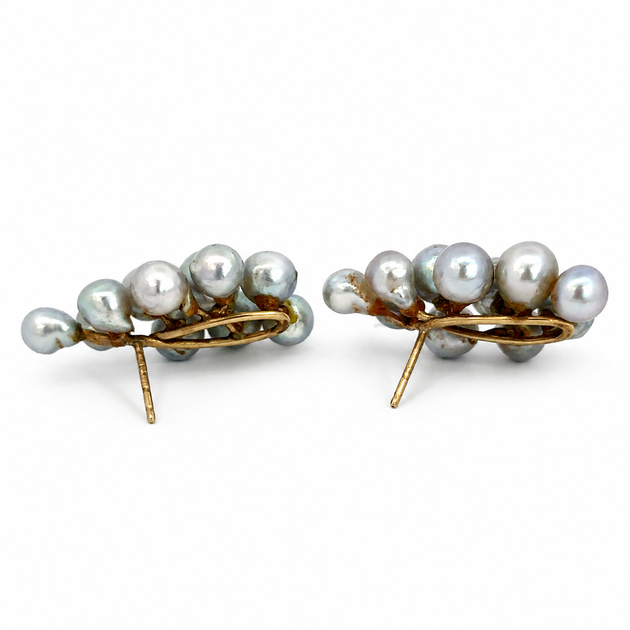 Vintage 14K Yellow Gold Black Freshwater Pearl Cluster Earrings