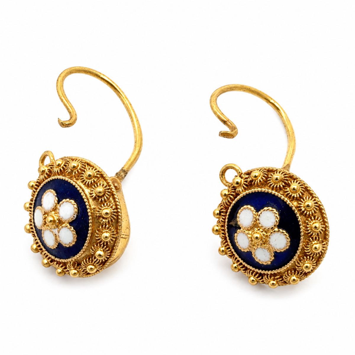 Vintage 18K Yellow Gold Navy & White Enamel Floral Drop Earrings