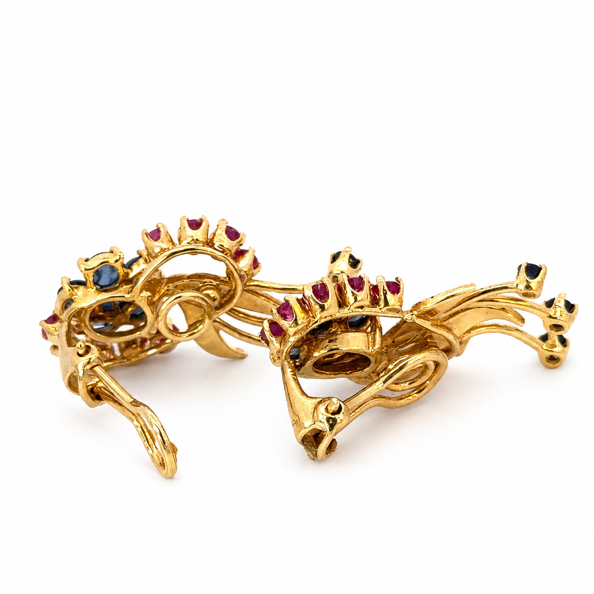 Vintage 14K Yellow Gold Ruby, Sapphire & Pearl Floral Clip-On Earrings