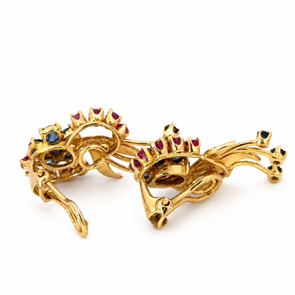 Vintage 14K Yellow Gold Ruby, Sapphire & Pearl Floral Clip-On Earrings