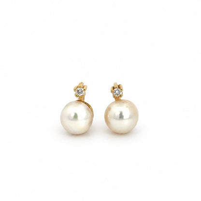 18K Yellow Gold Pearl & Diamond Lever-Back Earrings