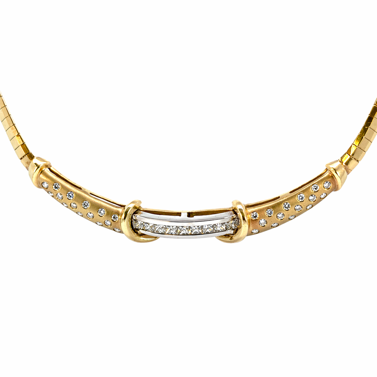 Vintage     18K Yellow Gold Diamond Necklace with White Gold Center Bar
