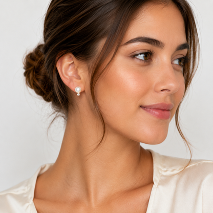 Estate 14K Gold Cream Pearl Diamond Stud Earrings