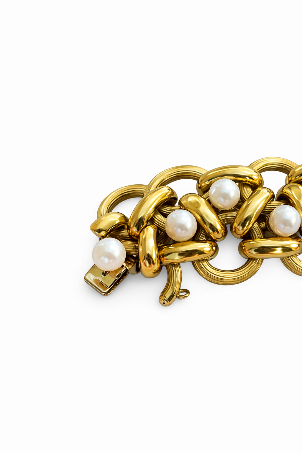Sculptural 18K Gold & Pearl Bracelet – Mid-Century Design