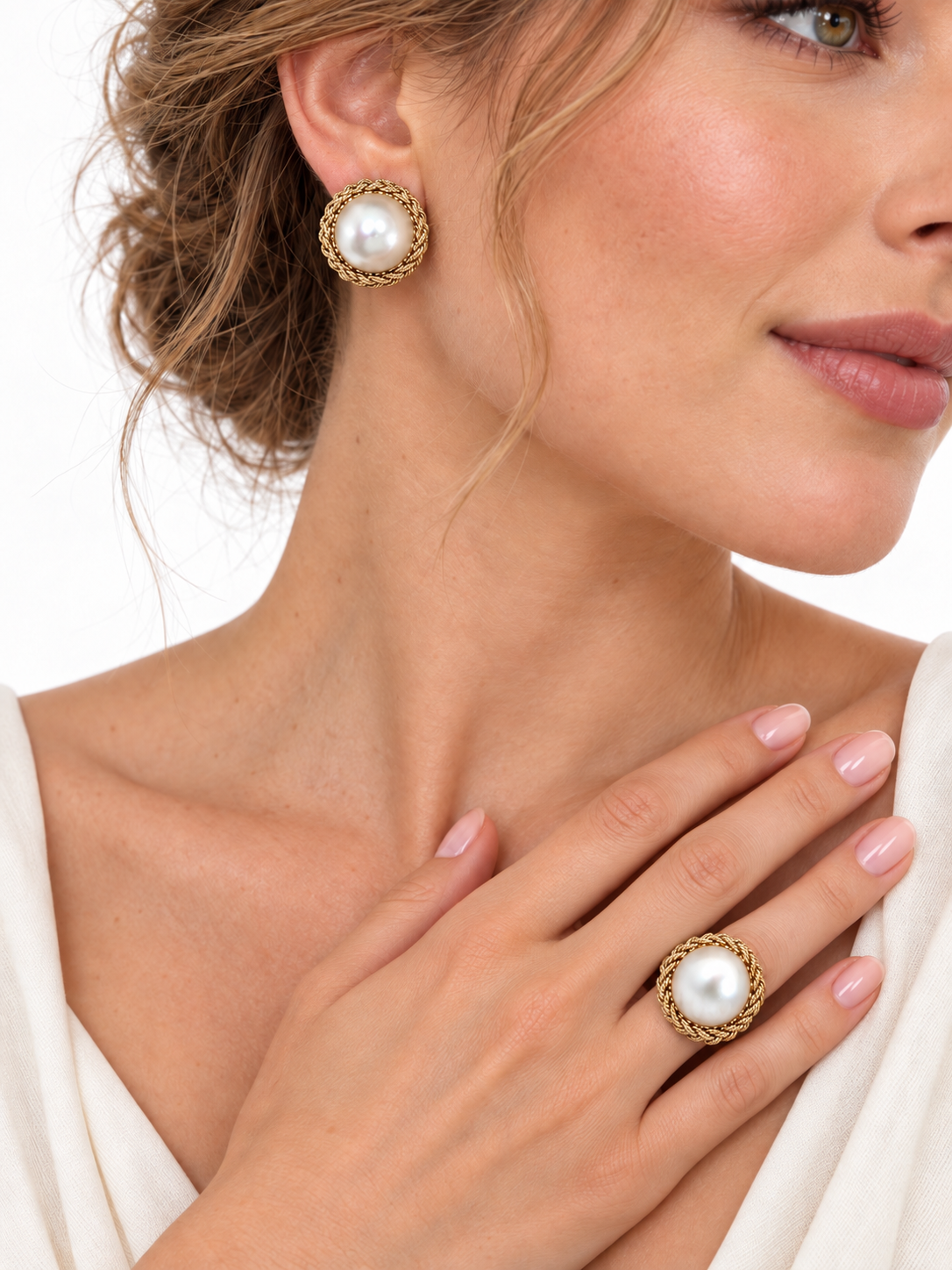 Vintage 14K Yellow Gold Mabé Pearl Ring and Earring Set with Braided Gold Surround