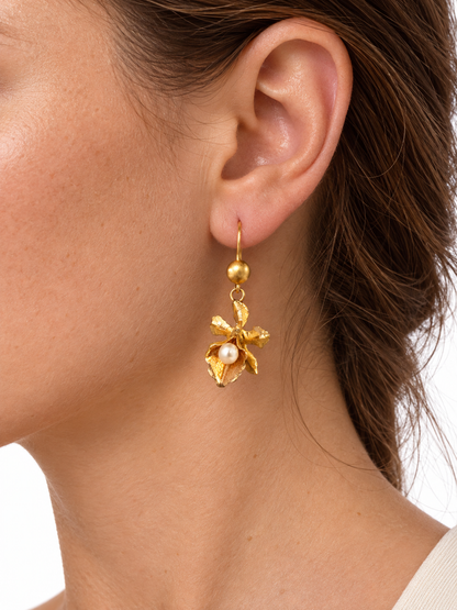 Yellow Gold Flower & Pearl Drop Earrings