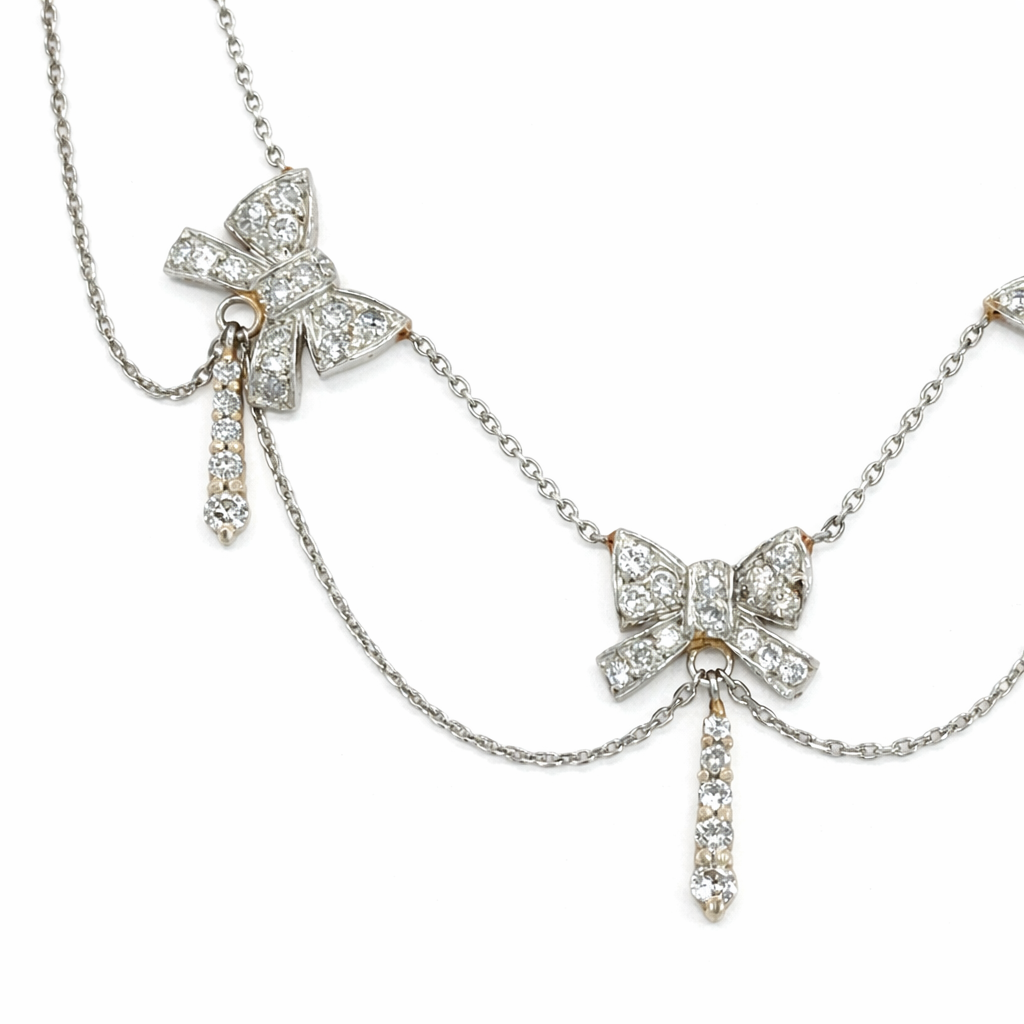Antique Diamond Bow Platinum Garland Necklace
