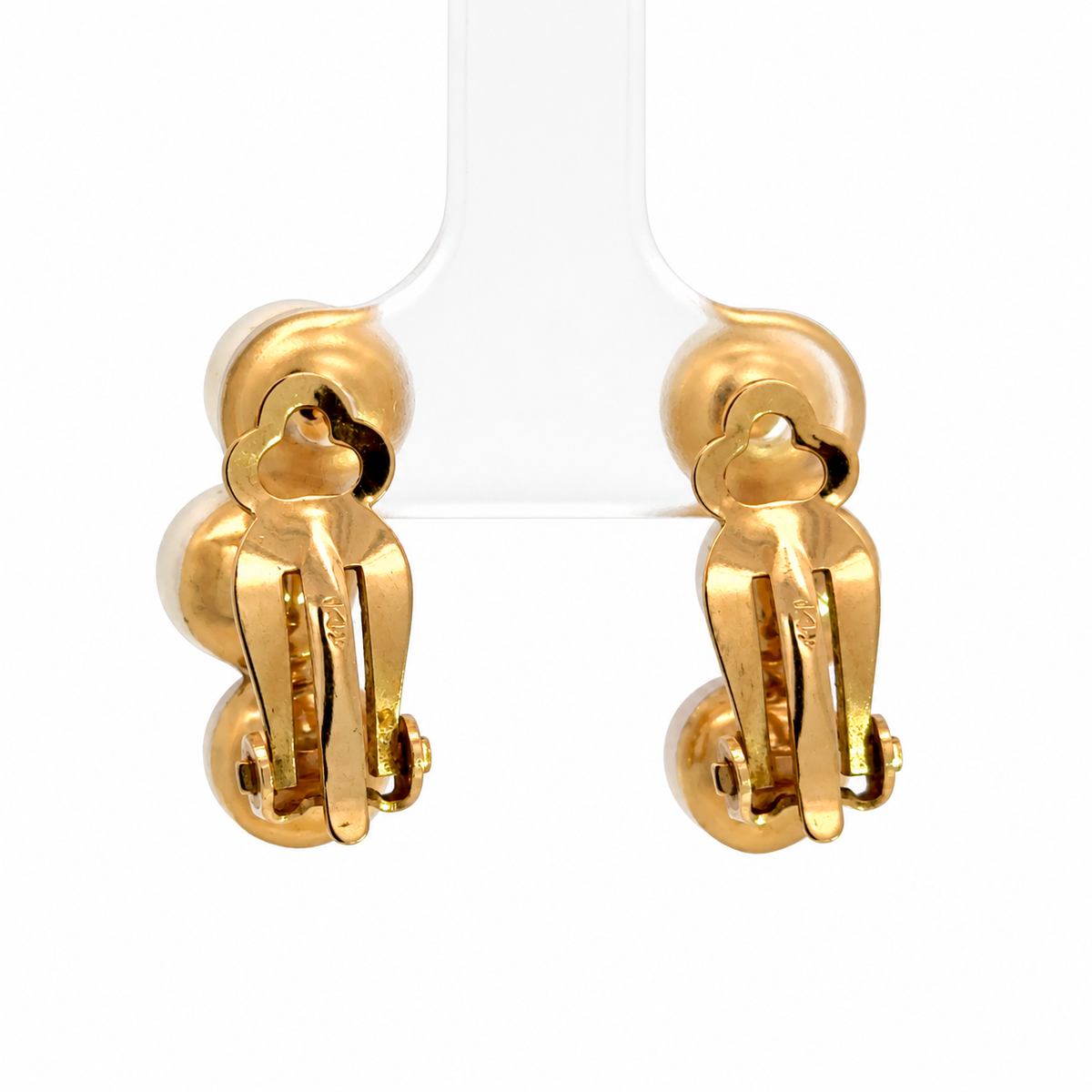 14K Yellow Gold Triple Pearl Curved Clip-On Earrings