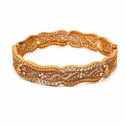 Vintage 22K Yellow Gold Filigree Bangle with Pink Swarovski Crystals & Cubic Zirconia