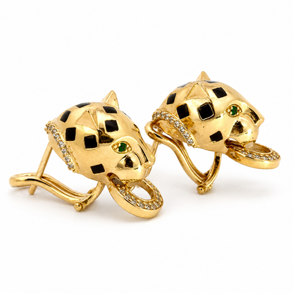 18K Yellow Gold Emerald, Onyx & Diamond Panther Earrings