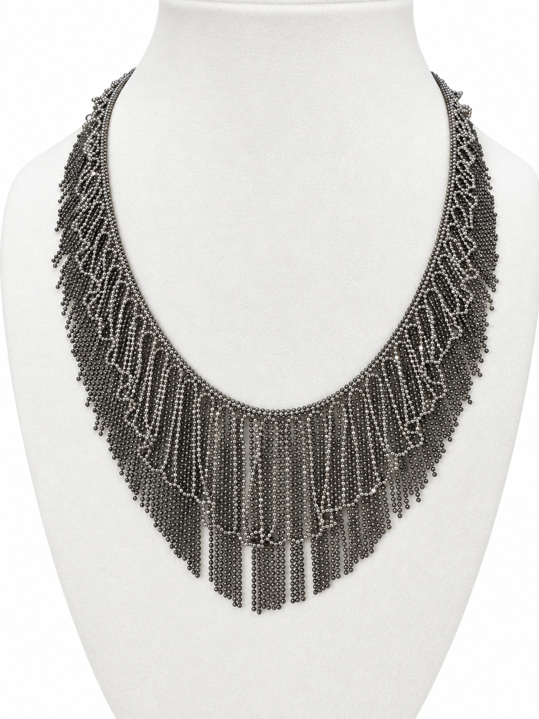 Platinum Graduated Lace-Like Fringe Necklace with Bright and Dark Patinated Details