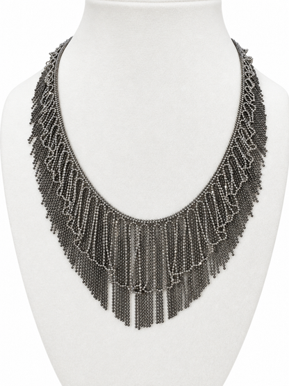 Platinum Graduated Lace-Like Fringe Necklace with Bright and Dark Patinated Details