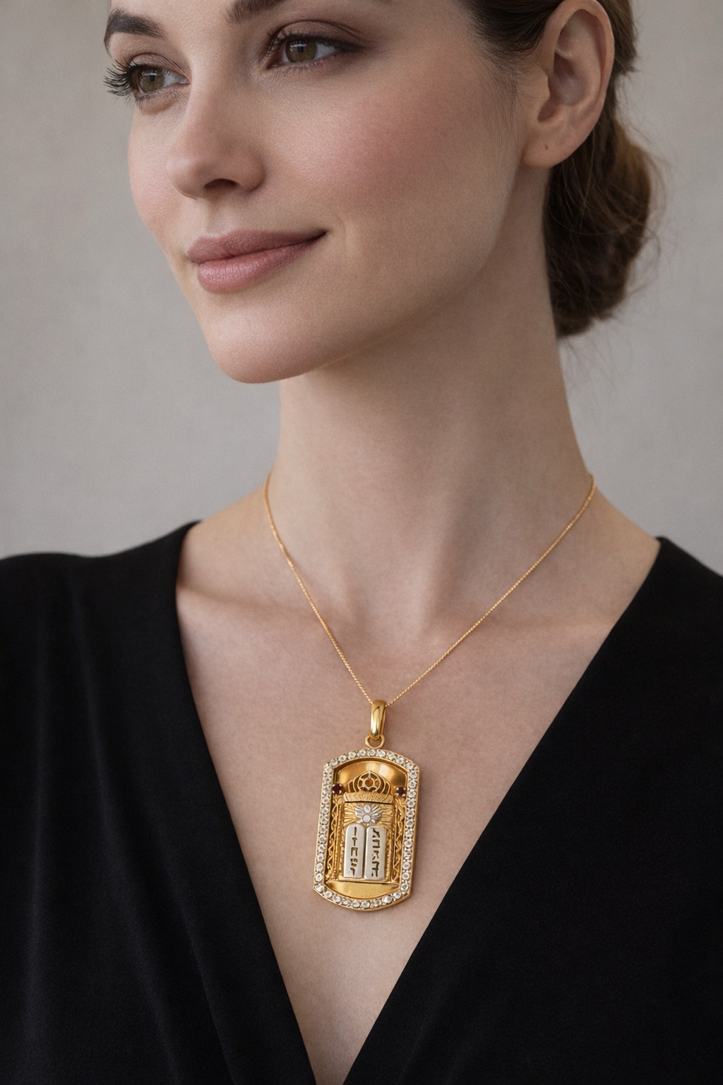 14K Yellow Gold Ten Commandments Torah Scroll Pendant with Diamonds & Rubies