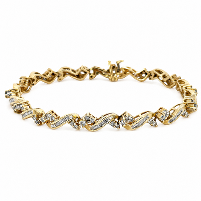 14K Gold Round & Baguette Diamond Bracelet