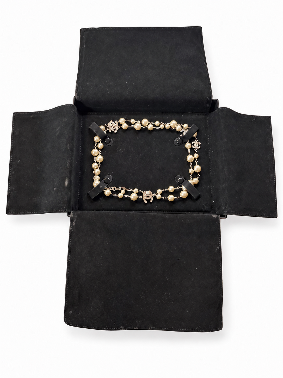 CHANEL A36121 Long Glass Pearl & Crystal Five CC Sautoir Necklace 42” with Original Box