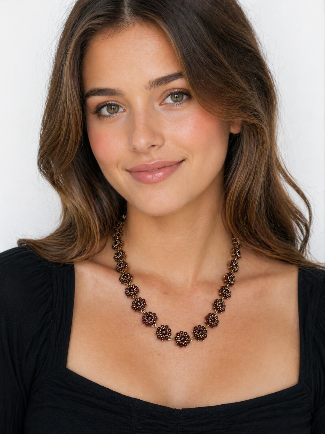 1960s Vintage 14K Gold Garnet Flower Cluster Necklace