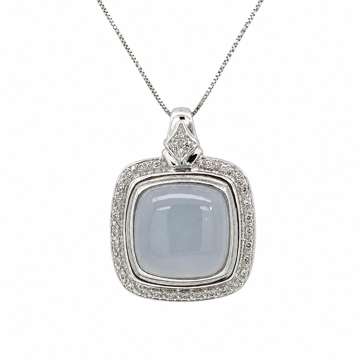 14K White Gold Cushion Blue Chalcedony Diamond Pendant
