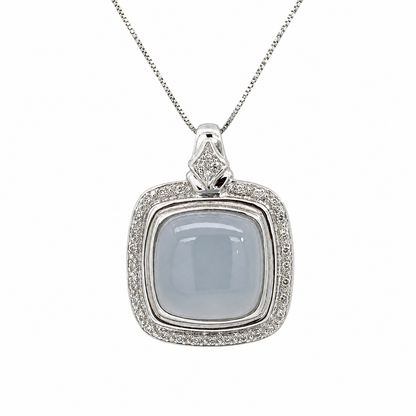 14K White Gold Cushion Blue Chalcedony Diamond Pendant