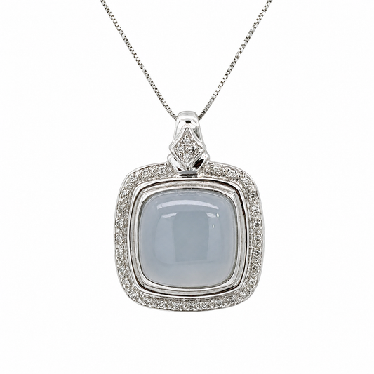 14K White Gold Cushion Blue Chalcedony Diamond Pendant