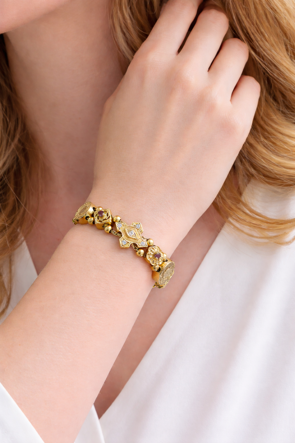 Vintage 14K Yellow Gold Multi-Charm Bracelet with Gemstones & Enamel