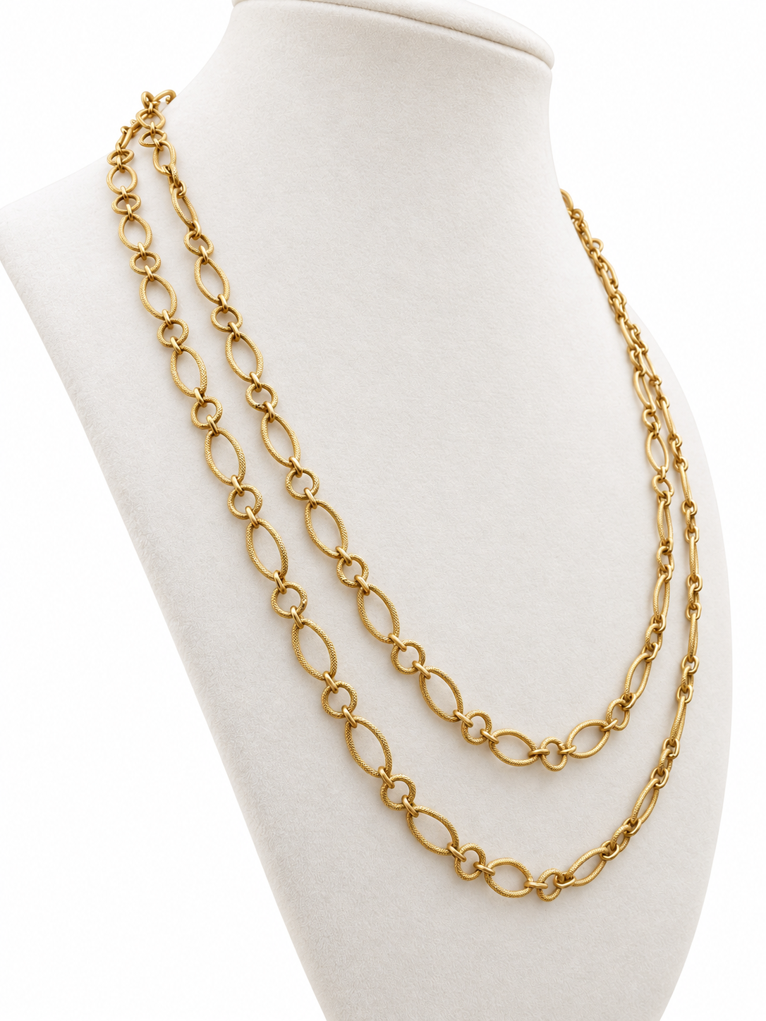 Vintage 1950s 18K Yellow Gold Textured Round & Oval Link Necklace — 40″ Long or Doubled