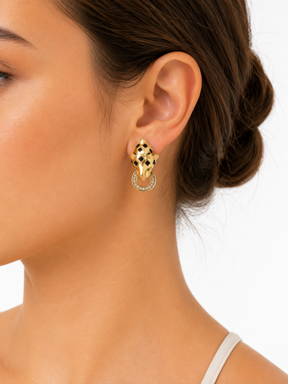 18K Yellow Gold Emerald, Onyx & Diamond Panther Earrings
