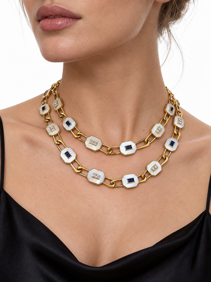 14K Yellow Gold Mother-of-Pearl, Diamond & Sapphire Convertible Necklace — Long Strand, Double Strand or Two Separate Necklaces