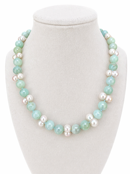 C.W. Vintage Jade, Pearl & 18K Yellow Gold Necklace and Earrings Set